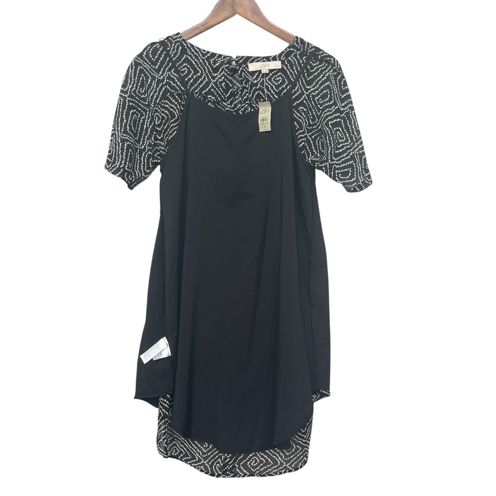 LOFT Geometric Print Dress Womens Small Petite Black NWT Belted Short Sleeve - Picture 5 of 10